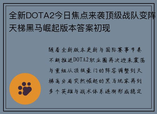 全新DOTA2今日焦点来袭顶级战队变阵天梯黑马崛起版本答案初现